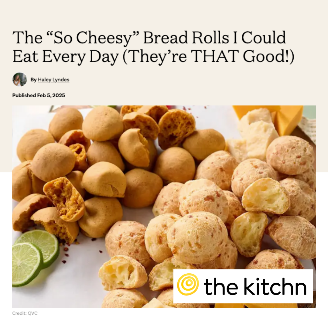 Bread rolls with a title about their cheesiness and a 'the kitchen' logo. review, positive, must buy, best findings