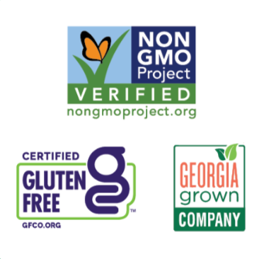 Nutritional label with various certification logos on a green background