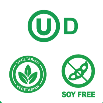 Product label with various certification logos on a green background