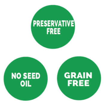 Product label with various certification logos on a green background