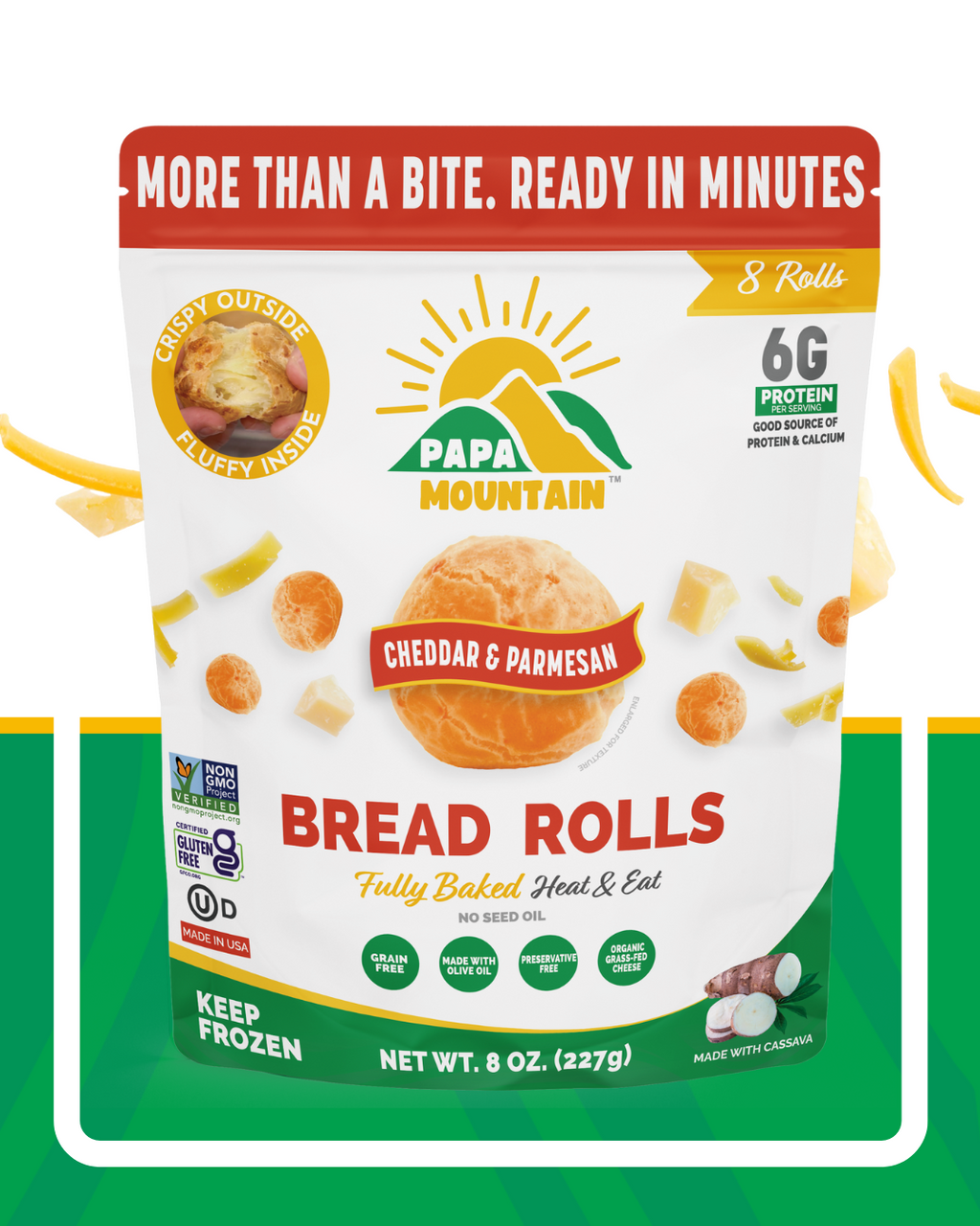 Papa Mountain Cheddar & Parmesan cheese bread rolls packaging — gluten-free certified, non-GMO, grain-free, soy-free; clean-label, no seed oils (made with extra-virgin olive oil and virgin coconut oil); fully baked heat & eat, ready in 7 minutes; 6g protein per serving; frozen cheese bread rolls / gluten-free dinner rolls for weeknight family meals, air fryer, and game-day appetizers; Georgia-grown, family-owned — buy online.Papa Mountain Cheddar & Parmesan cheese bread rolls served warm — crisp-golden outs