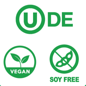 Product label with various certification logos on a green background