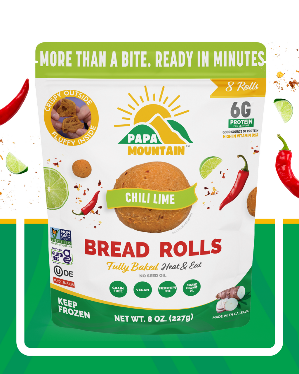 Papa Mountain Chili Lime  bread rolls packaging — gluten-free certified, non-GMO, grain-free, soy-free; clean-label, no seed oils (olive oil, coconut oil); fully baked heat & eat, ready in 7 minutes; 6g protein per serving; frozen cheese bread rolls / gluten-free dinner rolls with bold flavor for weeknight dinners, snacks, and air-fryer appetizers; Georgia-grown family business — order online bread bites on a board — zesty, picante y cítrico (chile y lima); crowd-pleasing party snack (botana), game-day 