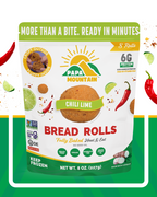 Papa Mountain Chili Lime  bread rolls packaging — gluten-free certified, non-GMO, grain-free, soy-free; clean-label, no seed oils (olive oil, coconut oil); fully baked heat & eat, ready in 7 minutes; 6g protein per serving; frozen cheese bread rolls / gluten-free dinner rolls with bold flavor for weeknight dinners, snacks, and air-fryer appetizers; Georgia-grown family business — order online bread bites on a board — zesty, picante y cítrico (chile y lima); crowd-pleasing party snack (botana), game-day 