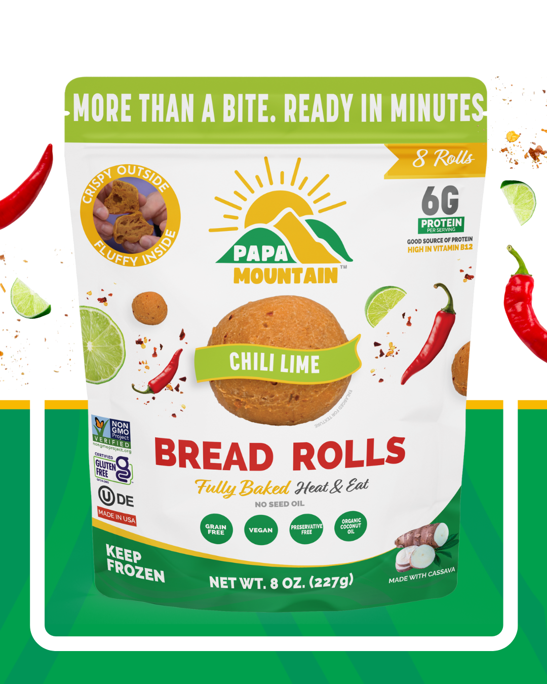 Papa Mountain Chili Lime  bread rolls packaging — gluten-free certified, non-GMO, grain-free, soy-free; clean-label, no seed oils (olive oil, coconut oil); fully baked heat & eat, ready in 7 minutes; 6g protein per serving; frozen cheese bread rolls / gluten-free dinner rolls with bold flavor for weeknight dinners, snacks, and air-fryer appetizers; Georgia-grown family business — order online bread bites on a board — zesty, picante y cítrico (chile y lima); crowd-pleasing party snack (botana), game-day 