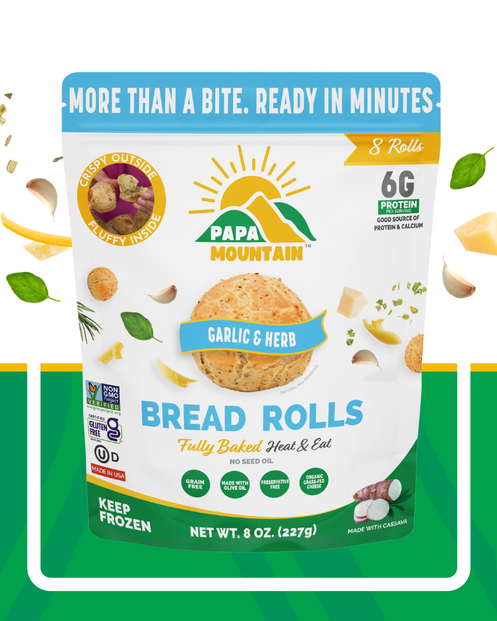 Papa Mountain Garlic & Herb cheese bread rolls packaging — gluten-free certified, non-GMO, grain-free, soy-free; clean-label, no seed oils (extra-virgin olive oil, virgin coconut oil); fully baked heat & eat, ready in 7 minutes; 6g protein per serving; frozen cheese bread rolls / gluten-free dinner rolls ideal for quick family meals, party appetizers, and air fryer; Georgia-grown, family-owned brand — shop online Papa Mountain Garlic & Herb artisan cheese rolls on a plate — aromatic ajo y hierbas, savory 