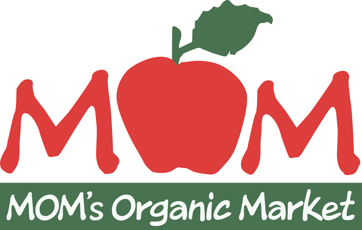 A logo for MOM's Organic Market featuring the word 'MOM' with a red apple in the center and a green leaf, above a green banner with white text reading 'MOM's Organic Market'.