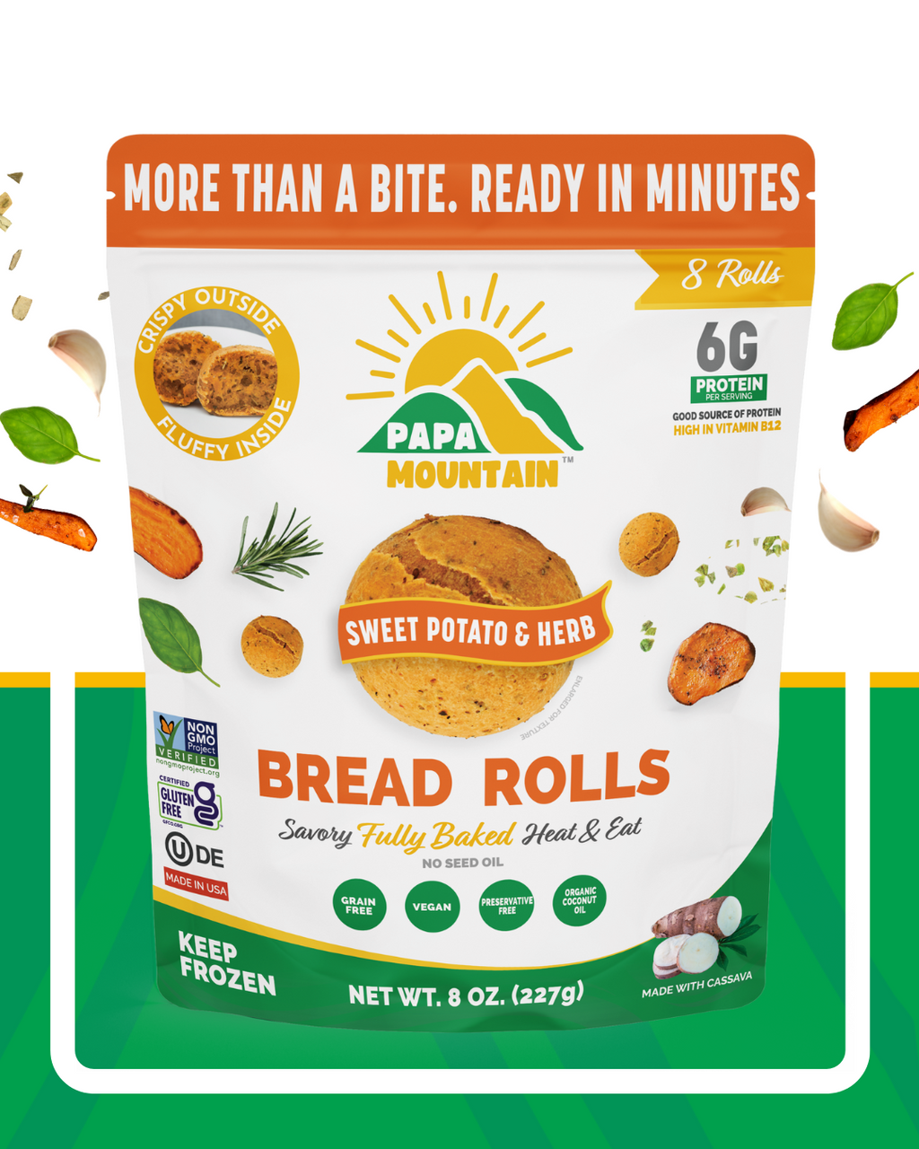 Papa Mountain Sweet Potato & Herb cheese rolls plated — cozy sweet-savory (batata/camote con hierbas), comfort for the family table; gluten-free certified, grain-free, soy-free; clean-label ingredients, no seed oils (aceite de oliva y aceite de coco); warm-and-serve convenience, listo en ~7 minutos; ideal for holiday sides, weeknight meals, and kid-friendly snacks