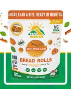 Papa Mountain Sweet Potato & Herb cheese rolls plated — cozy sweet-savory (batata/camote con hierbas), comfort for the family table; gluten-free certified, grain-free, soy-free; clean-label ingredients, no seed oils (aceite de oliva y aceite de coco); warm-and-serve convenience, listo en ~7 minutos; ideal for holiday sides, weeknight meals, and kid-friendly snacks