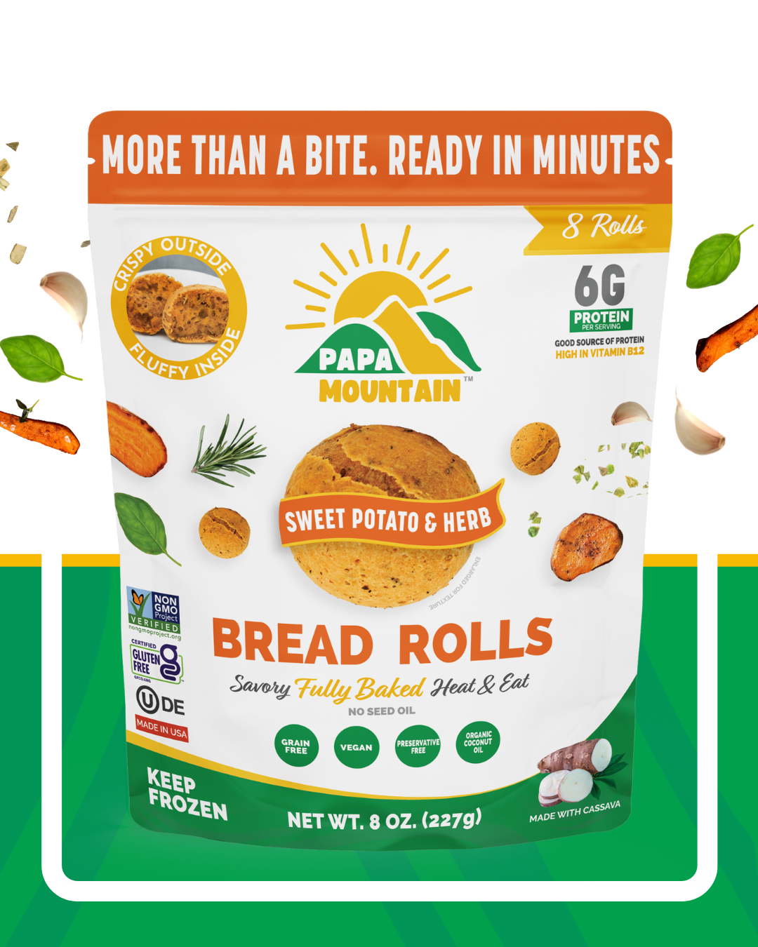 Papa Mountain Sweet Potato & Herb cheese rolls plated — cozy sweet-savory (batata/camote con hierbas), comfort for the family table; gluten-free certified, grain-free, soy-free; clean-label ingredients, no seed oils (aceite de oliva y aceite de coco); warm-and-serve convenience, listo en ~7 minutos; ideal for holiday sides, weeknight meals, and kid-friendly snacks