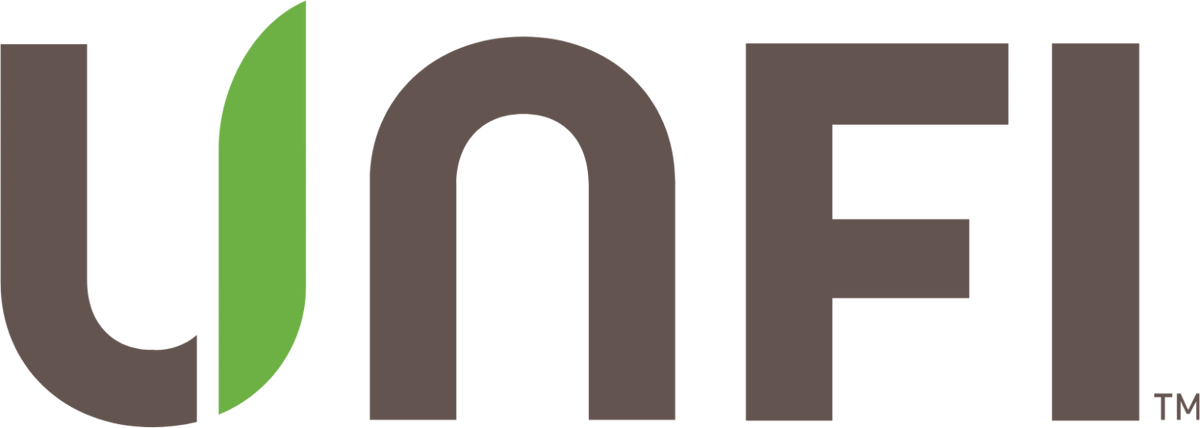 The UNFI logo is shown on a solid black background, featuring brown block letters with a green leaf-like accent on the first letter. - DISTRIBUITOR OF PAPA MOUNTAIN - ASK STORE TO CARRY PAPA MOUNTAIN , BETTER FOR YOU PRODUCTS FOR STORES