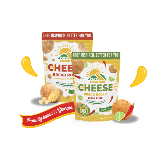 Papa Mountain cheese bread roll combo pack Cheddar & Parmesan and Chili Lime flavor bags side by side Cheddar & Parmesan and Chili Lime cheese bread rolls by Papa Mountain gluten-free clean label 2pack, ready in minutes and baked in Georgia Bold meets classic Papa Mountain’s Cheddar & Parmesan and Chili Lime cheese bread rolls in a clean label flavor combo pack #PapaMountain
#FlavorComboPack
#CheddarAndParmesan
#ChiliLimeCheeseBread
#CleanLabelFood
#GlutenFreeEats
#FreezerSnackGoals
#BoldComfortFood
