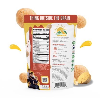 Back of Papa Mountain Cheddar & Parmesan cheese bread rolls package showing ingredients, nutrition label, and prep instructions Clean label back of Papa Mountain Cheddar & Parmesan cheese bread rolls bag — gluten-free, soy-free, non-GMO, with ready-in-minutes instructions and baked in Georgia badge Ingredient transparency from Papa Mountain — back of Cheddar & Parmesan cheese bread pack highlighting clean ingredients, simple prep, and Southern-made pride #BackOfPack
#PapaMountain
#CheddarAndParmesan