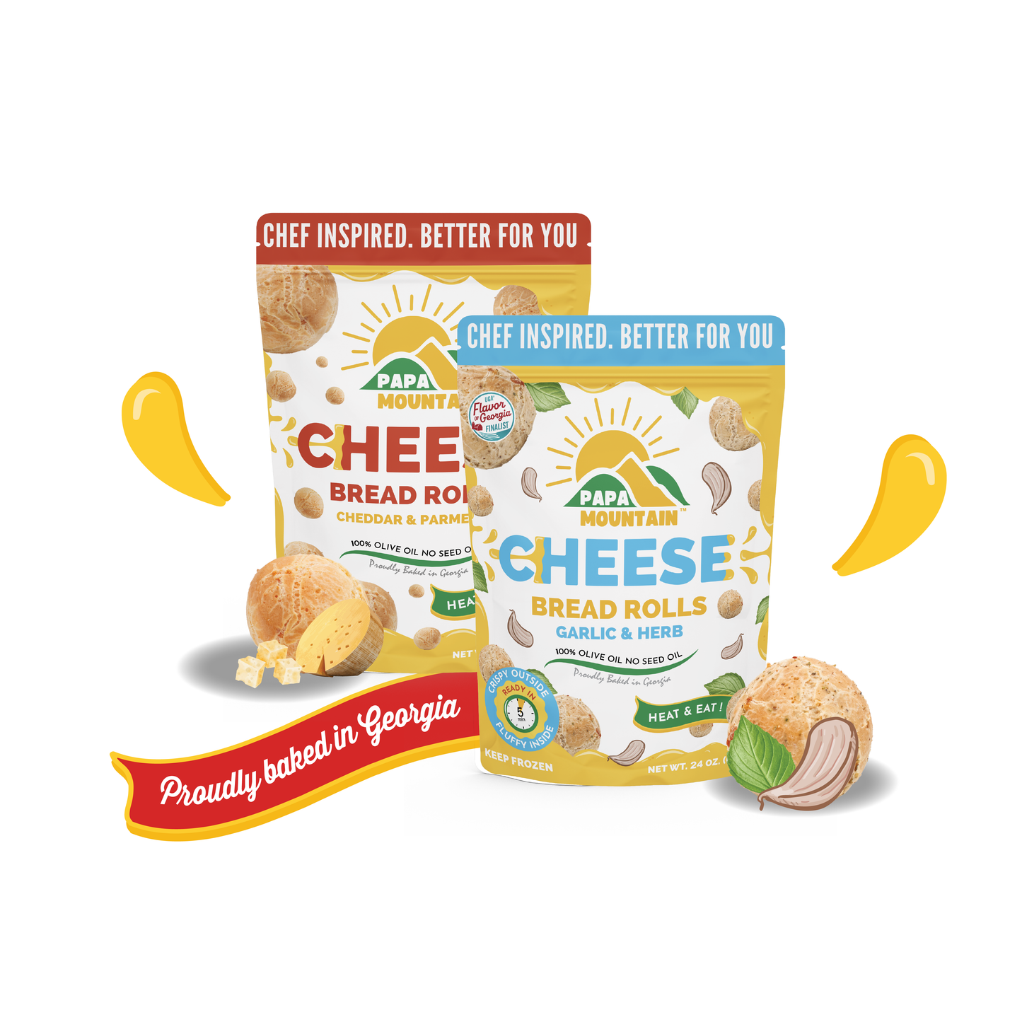 Two Papa Mountain cheese bread roll packages Garlic & Herb and Cheddar & Parmesan flavors side by side Gluten-free cheese bread family pack by Papa Mountain 2-bag variety set with Garlic & Herb and Cheddar & Parmesan flavors, clean label and baked in Georgia Papa Mountain family pack of clean label cheese bread rolls  Garlic & Herb and Cheddar & Parmesan flavors for better-for-you comfort food lovers  #PapaMountain
#CheeseBreadRolls
#GarlicAndHerb
#CheddarAndParmesan
#GlutenFreeComfortFood
#CleanLabel