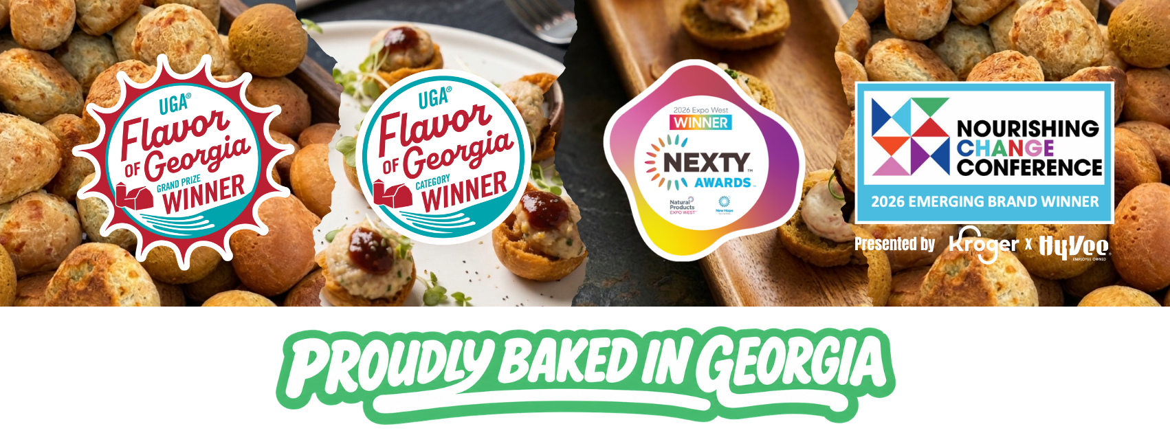 Papa Mountain award-winning badges: Flavor of Georgia Grand Prize Winner, NEXTY Award Winner, and Nourishing Change Conference 2026 Emerging Brand Winner Recognized by UGA, Expo West, and Kroger x Hy-Vee's Nourishing Change Conference for quality you can taste.