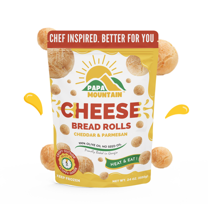 Front of Papa Mountain cheddar and parmesan cheese bread rolls package with clean label claims and baked in Georgia badge Papa Mountain cheese bread rolls front package — cheddar and parmesan flavor, gluten-free, soy-free, non-GMO, no seed oils, baked in Georgia Bold front label of Papa Mountain’s clean label cheese bread rolls  cheddar & parmesan flavor proudly crafted in Georgia #FrontOfPack
#PapaMountain
#CheeseBreadPackaging
#CleanLabelSnacks
#CheddarParmesan
#BakedInGeorgia
#ProductPackagingDesign
