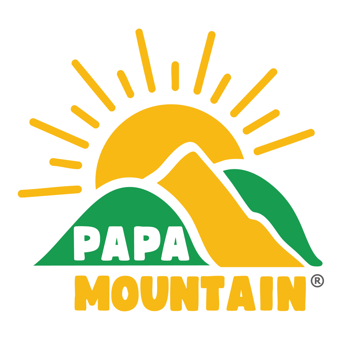 Logo of Papa Mountain with a yellow sun and green mountains on a white background Papa Mountain logo with a rising sun and green mountains on a transparent background Papa Mountain logo — sun and mountain design on transparent background